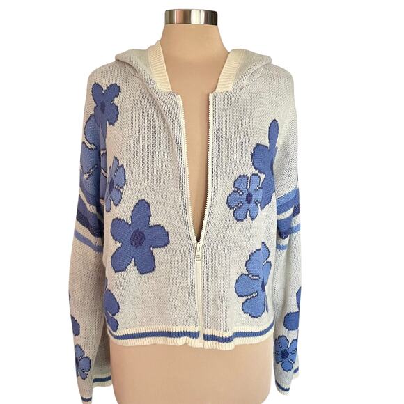 VTG Witty Fox Y2K Cropped Floral Sweater Hoodie Full Zip Size XL Varsity Stripe - Picture 2 of 7